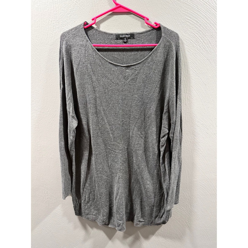 Ellen Tracy Women XL Gray Knit Sweater Scoop Neck Long Sleeve Pullover Heathered